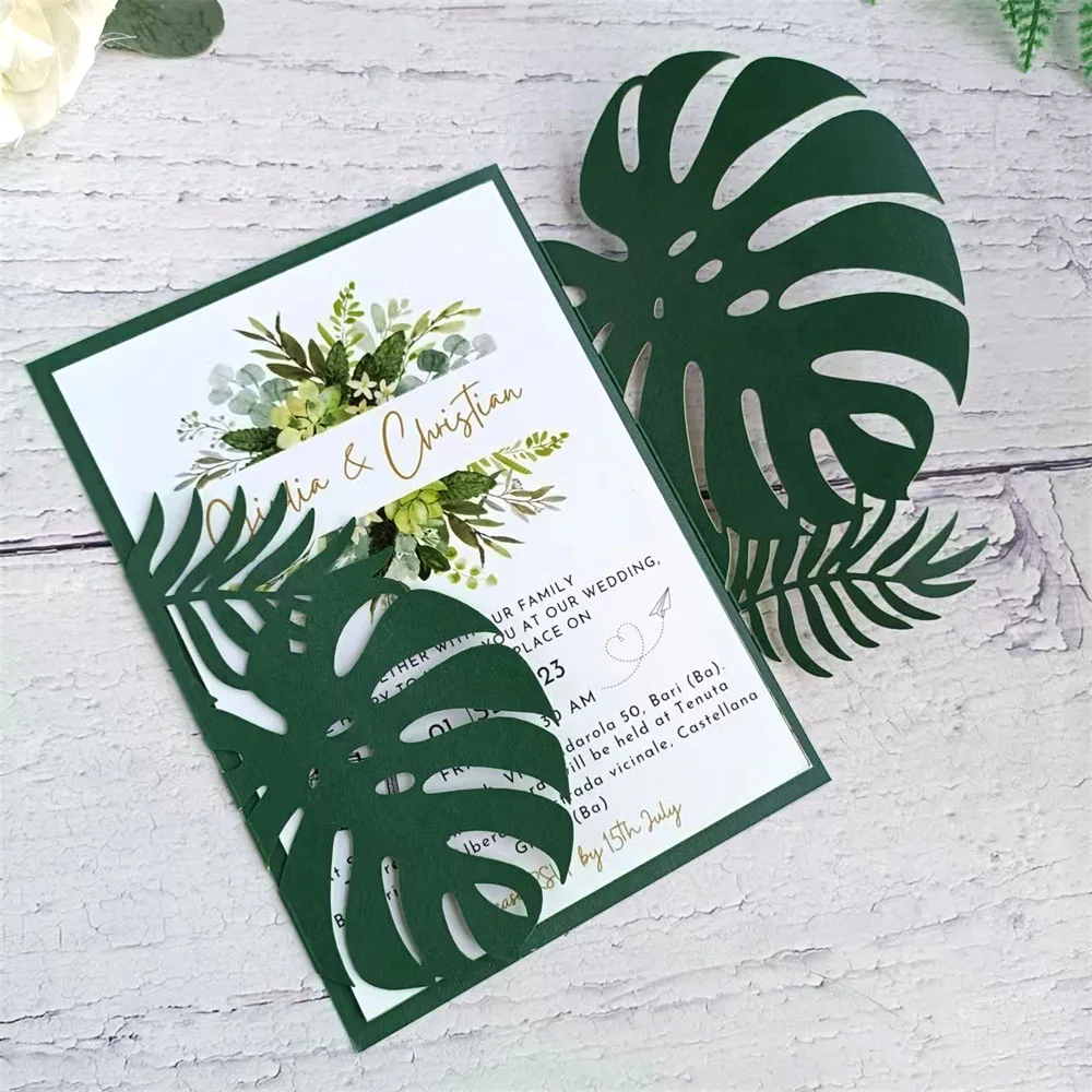 Green Palm Laser Cut Invitation Cards, 20pcs Wedding Invitation Cards With Envelopes. Tropical Scene Wedding Card