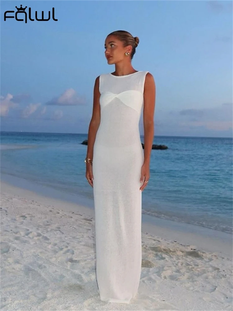 Habbris Summer White Fashion See Through Knit Maxi Dresses Beach Vacation For Women 2024 Sleeveless O-Neck Casual Party Vestidos