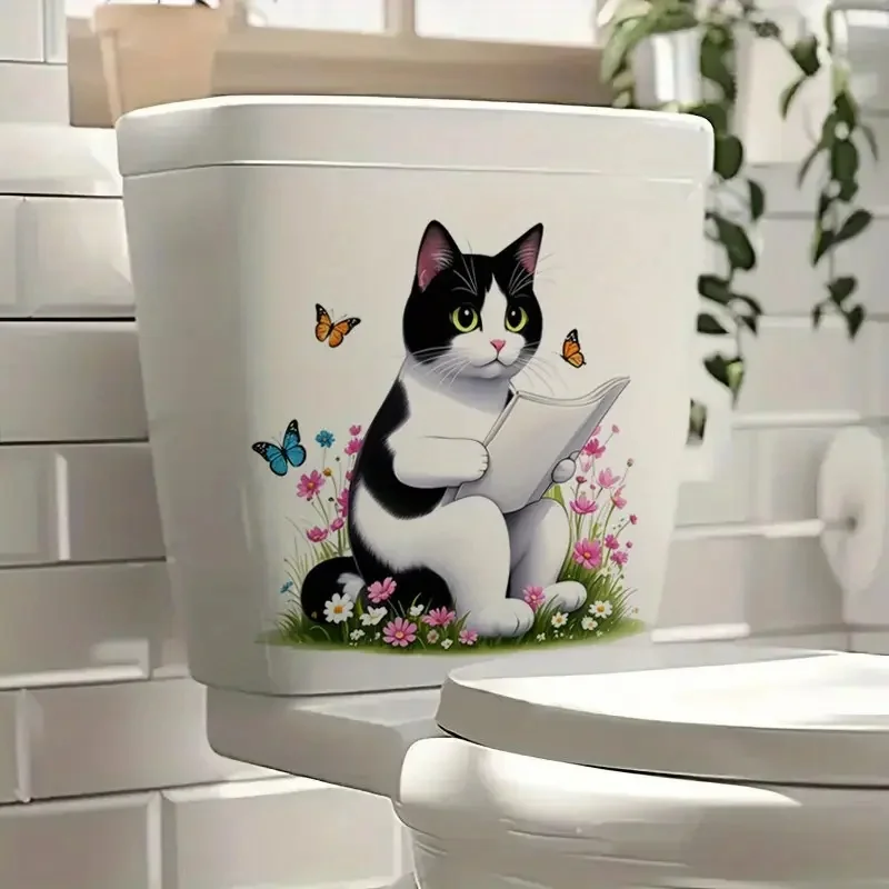 Creative Cute Kitten Butterfly Toilet Stickers Reading Newspaper Beautiful Bathroom Decorative Patterns Wall Decals AA513
