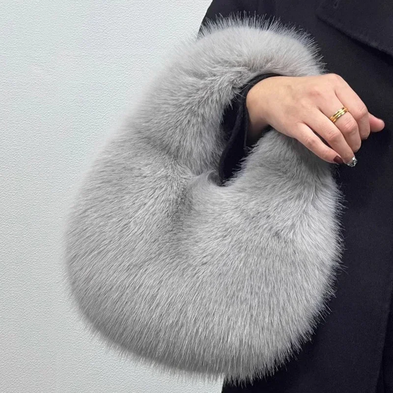 

Fashion Soft Plush Half Moon Bags for Women Designer Fluffy Faux Fur Lady Handbags Luxury Small Tote Female Winter Purses