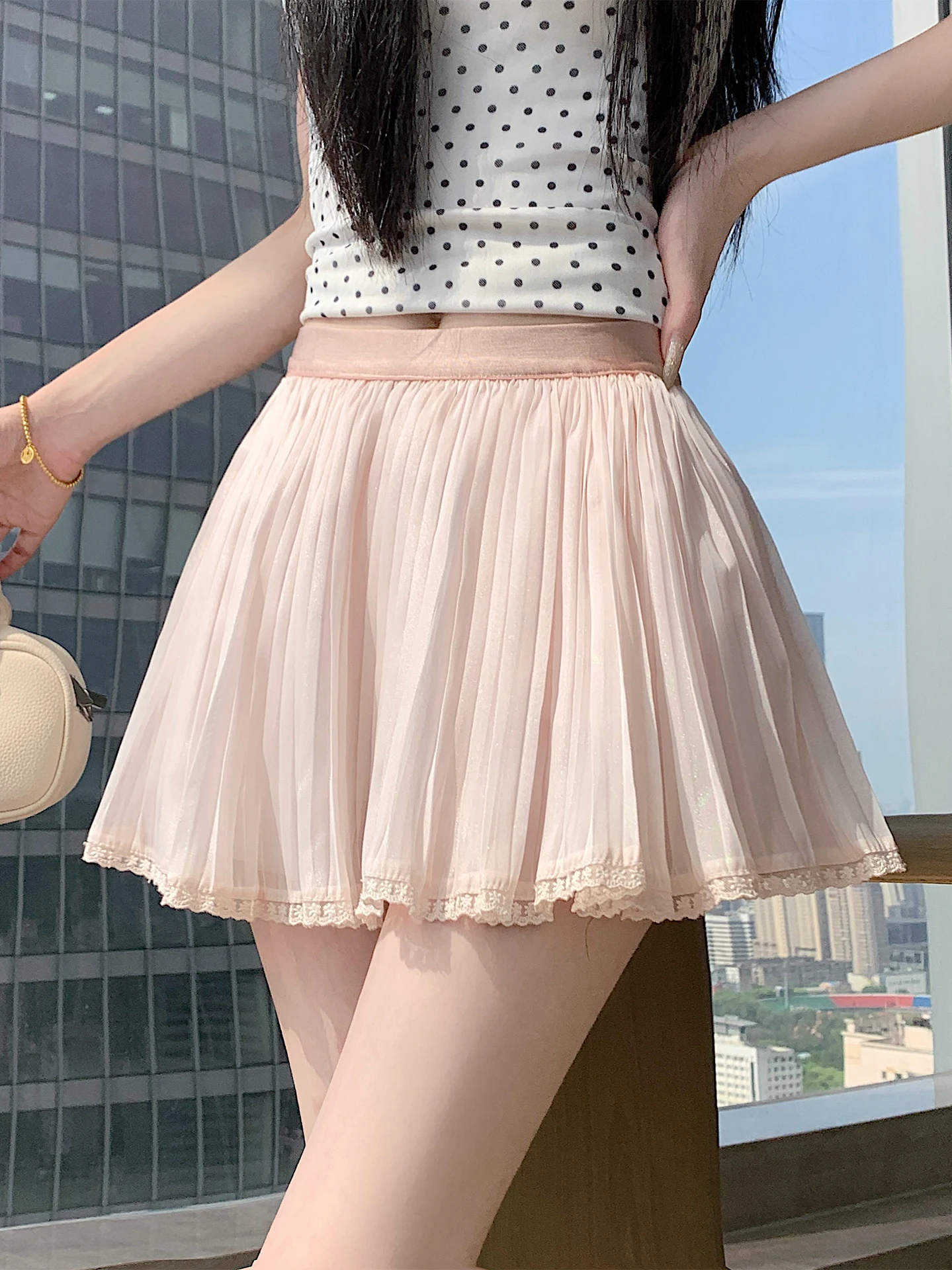 ピンクレース刺繍フリルスカート女性の夏薄手ケーキスカートaラインミニスカートハーフ丈スカートバレエスタイル通勤