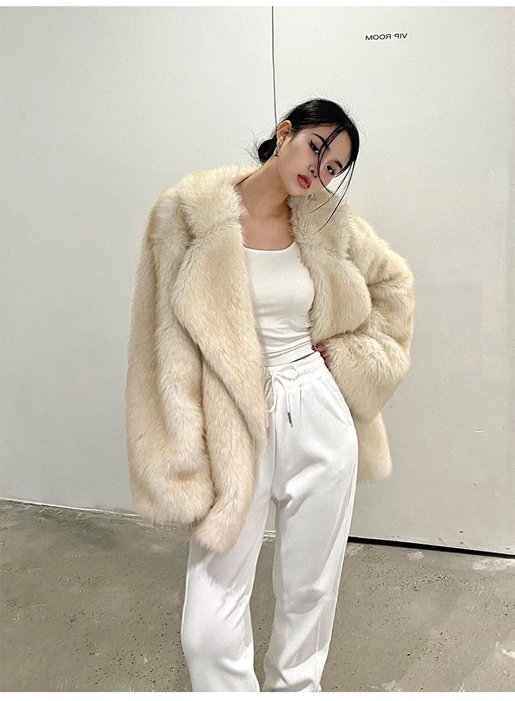 Lautaro Winter Loose Casual Thick Warm Soft Hairy Faux Fur Coat Women Luxury High Quality Furry Fluffy Jacket Korean Fashion