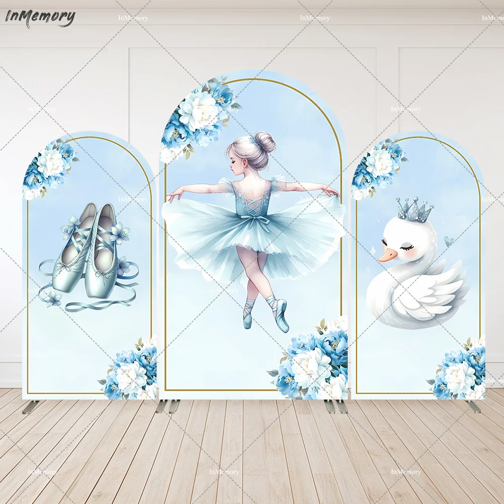 

Swan Ballerina Arch Backdrop Cover Blue Flowers Ballet Girls Birthday Party Arched Wall Panels Banner Background 2-Sided