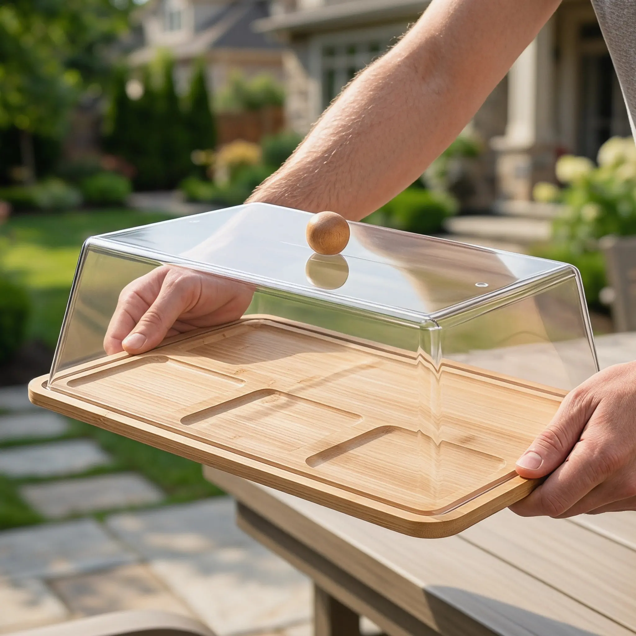 Bamboo Charcuterie Board with Lid 14 Inch Rectangular Cake Holder Transparent Acrylic Dome Food Display Tray for Wedding Dessert view 3