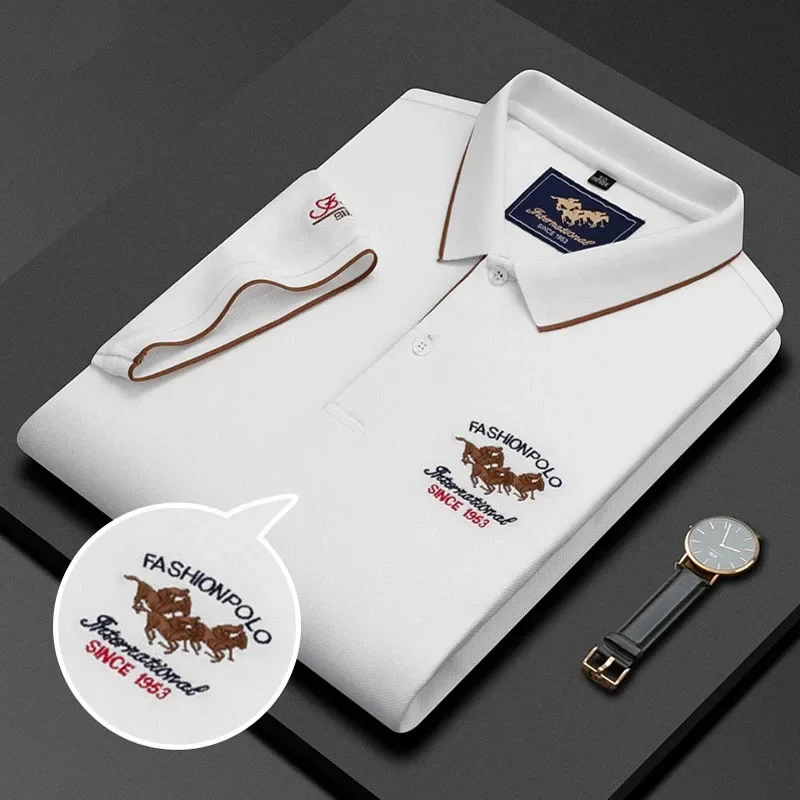 Summer Men\'s Thin Polo Shirts Letter Embroidery Solid Color Tops Fashion Business Casual Breathable Shorts Sleeve T-Shirts Male