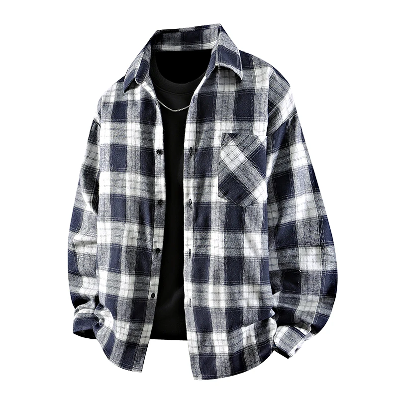 Men Casual Plaid Checkered Shirt Long Sleeve Lapel Button Up Oversized Loose Streetwear Shirts Male Daily Outerwear Blouse