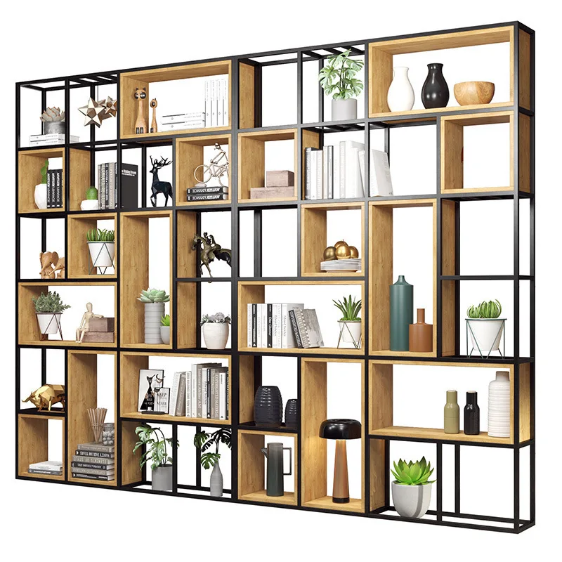 أرفف تقسيم من الحديد المطاوع للمكتب من الأرض إلى السقف، شبكة من الخشب الصلب متعددة الطبقات #5