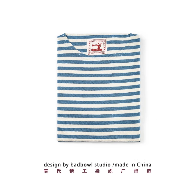 New one neck loose casual T-shirt for men, blue and white striped T-shirt, men pure cotton versatile long sleeved sea soul shirt