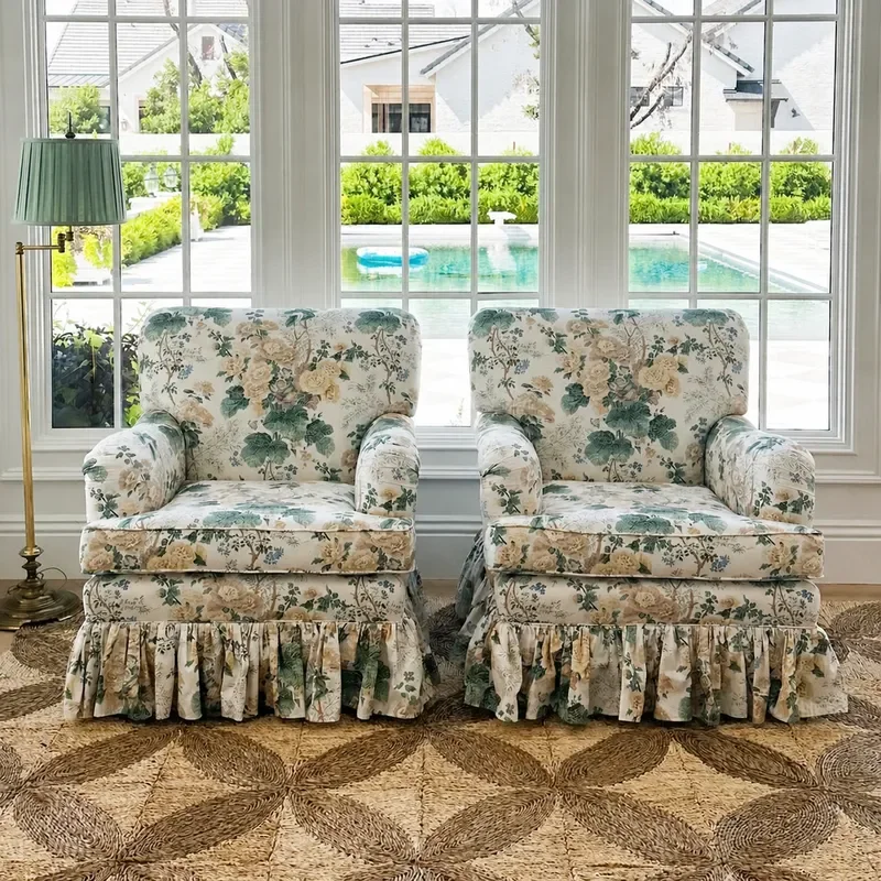 Solid Wood Sofa Set for Villa Living Room Retro Printed Fabric Leisure Sofa Chair Combination Comfortable Home Furniture