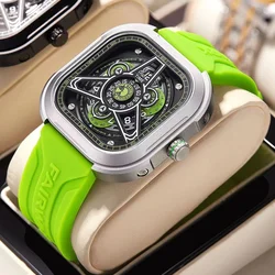 Fashion Men's Quartz Watch 2024 Unique Design Luminous Watches Luxury Square Green Silicone Strap Waterproof Wristwatch Men Gift