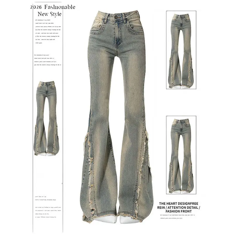 Ladies Retro American Style Flare Denim Jeans Raw Edge Summer Slim Long Pants Versatile Street Trousers For Women Daily Outfit