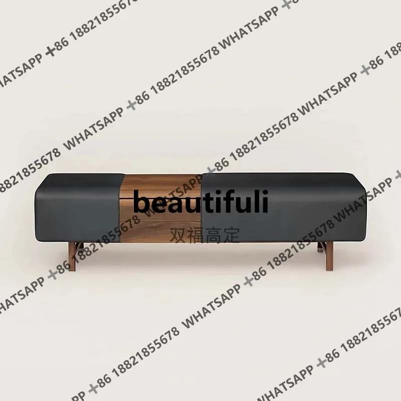 Italian minimalist end stool walnut solid wood saddle leather storage shoe changing stool bedroom furniture leather bench