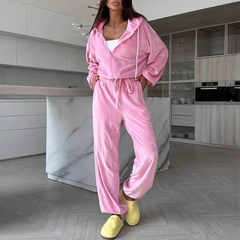 Chic Simple Solid Color Gold Velvet Loose Sports 2 Piece Set Casual Long Pants Women Suit Autumn Hooded Zipper Coat Top Casual O