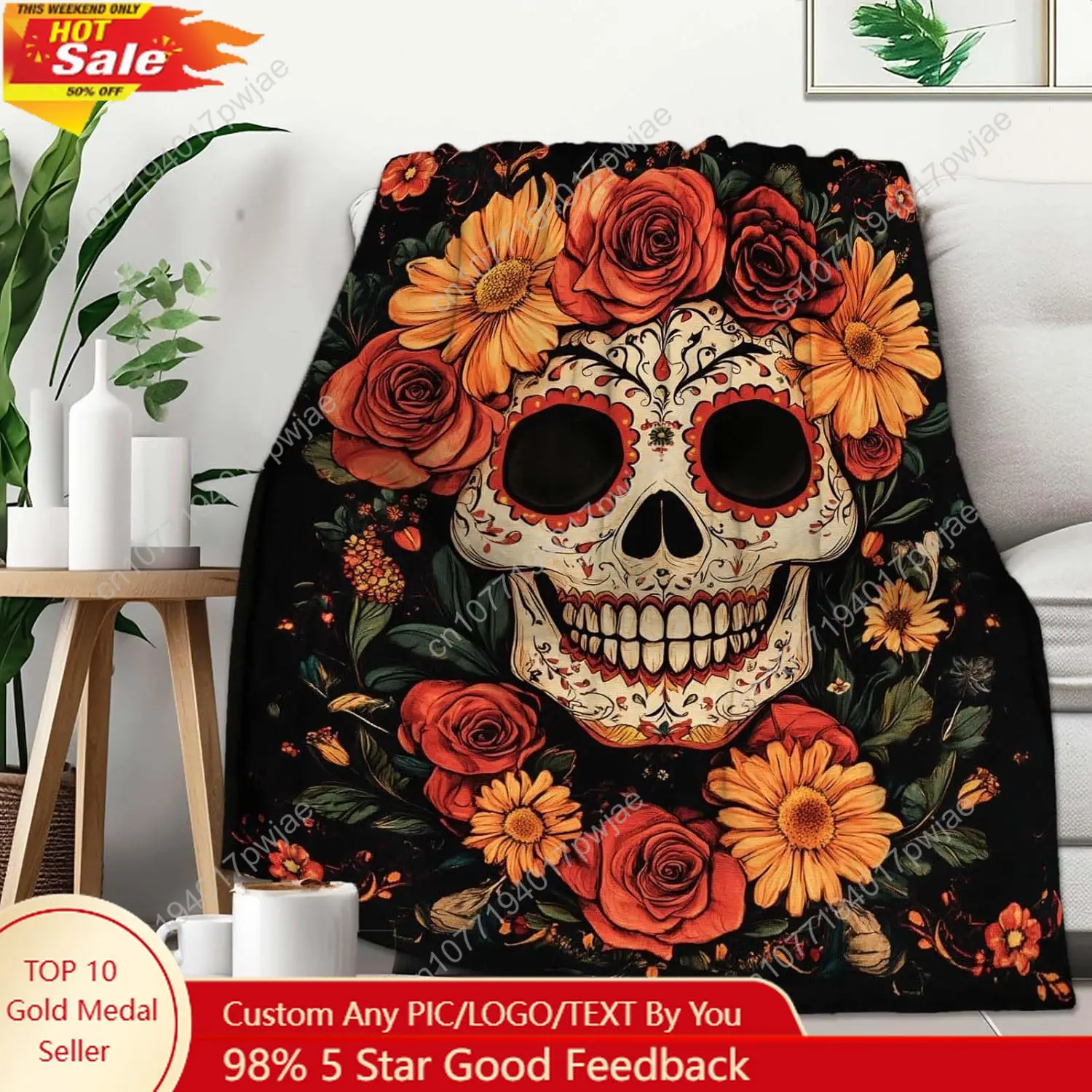 

Sugar Skull Throw Blanket Sugar Skull Gifts for Women Day of The Dead Blanket Soft Cozy Mexican Lightweight Custom blankets