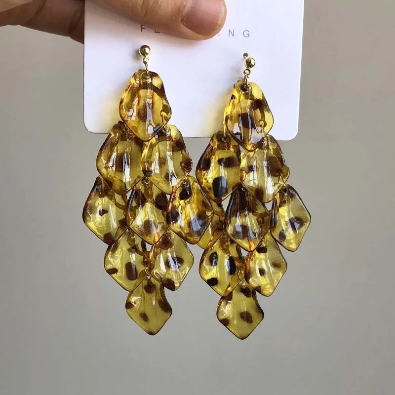 

Long Acrylic Earrings with Amber Leopard Print Vintage Luxury Women's Jewelry Accessories European And American Style