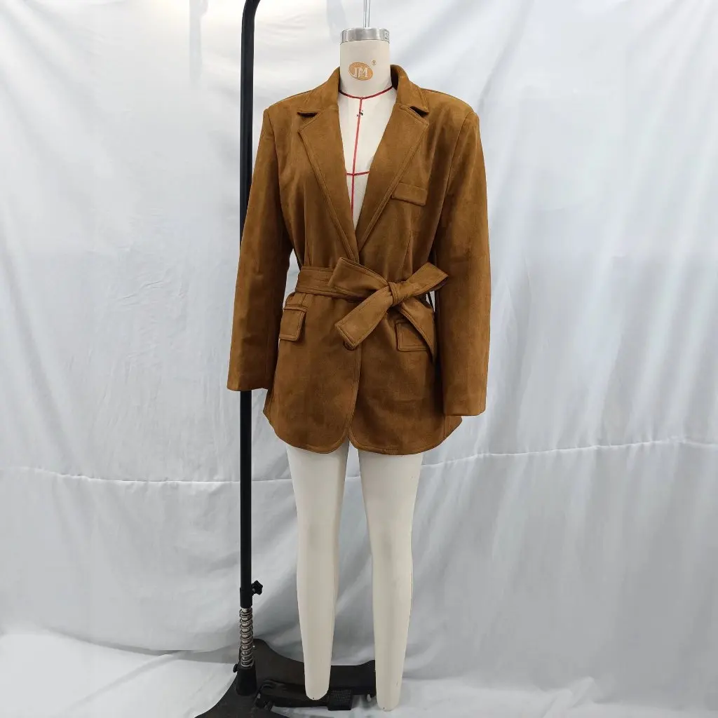 

Elegant French Vintage Suede Vest Coat For Women Autumn Season Belted Tuxedo Outerwear Fashionable Street Style Outerwear