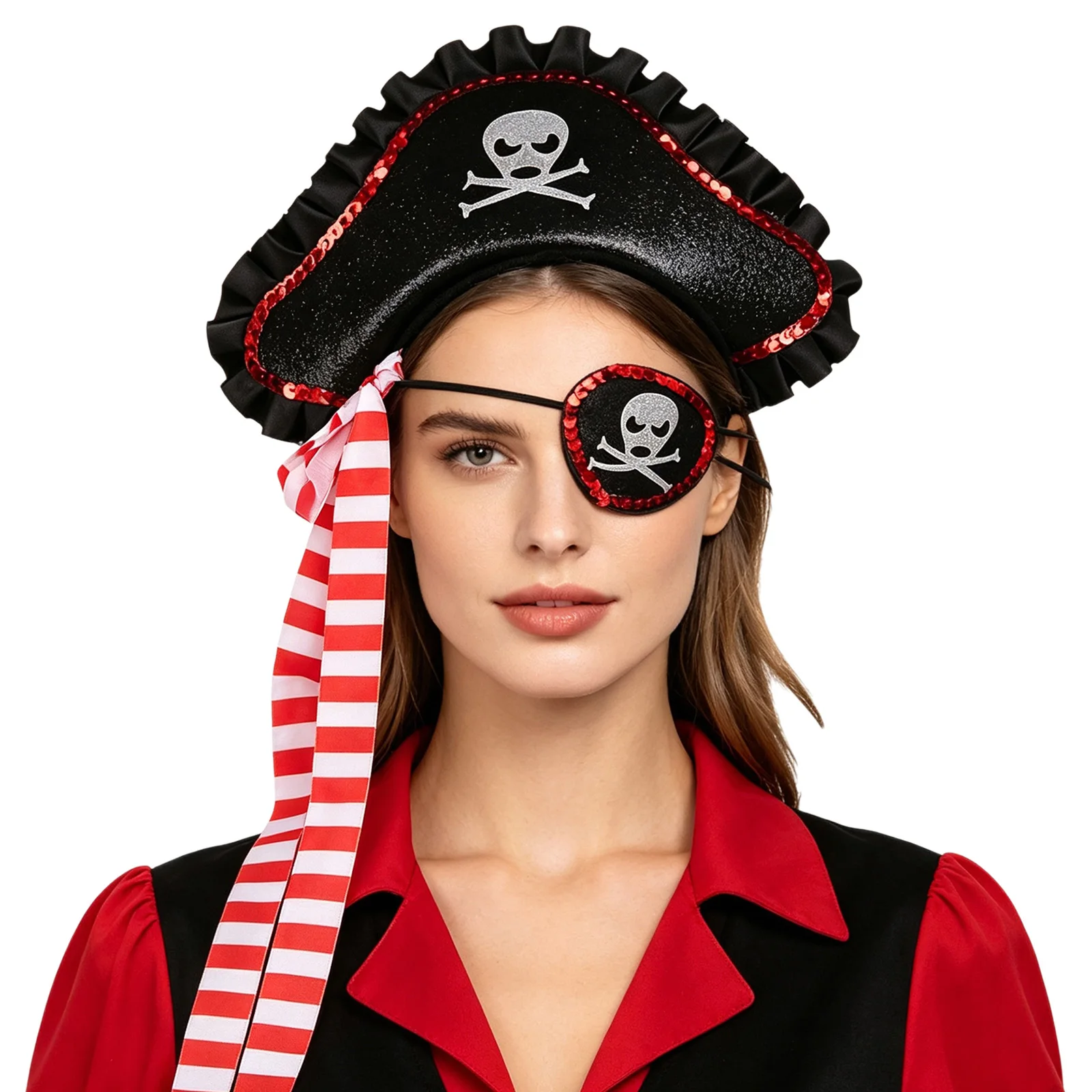 Adults Pirate Costume Accessories Ribbon Skull Print Headwear with One-eyed Eye Patch for Halloween Party Performance