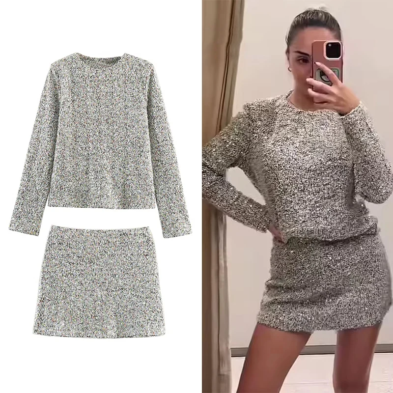

Chic Fashion Sequin Mini Skirts Two Piece Sets For Women 2025 New Long Sleeve Top Women's Suits Elegant Woman Outfits ﻿ ﻿