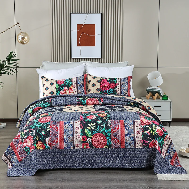 CHAUSUB Patchwork Quilt Set 3PC Bedspread on the Bed Pastoral Cotton Bed Cover King Queen Size Quilted Blanket for Bed Coverlets