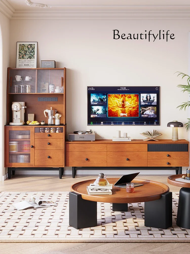 

wood living room dining side cabinet kitchen integrated against the wall small apartment extremely narrow dining side cabinet