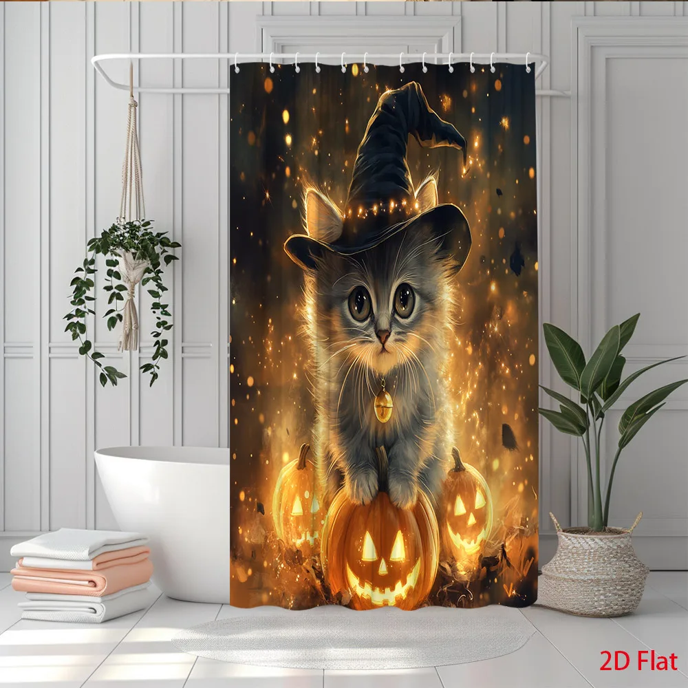 2D Flat, 2D Flat, 1pc 2D Flat Halloween Shower Curtain Cute Wizard Kitten Theme Magical Warm Glowing Jack O Lantern Pumpkin Spoo
