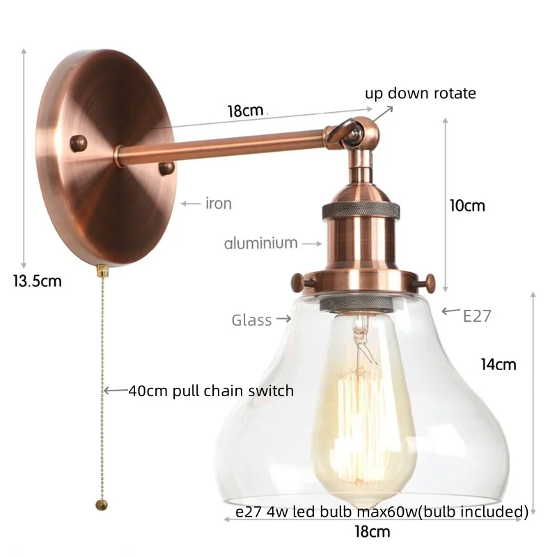 IWHD Red Bronze LED Wall Lamp Pull Chain Switch Bedroom Bathroom Porch Clear Glass Vintage Retro Stair Light Fixtures Wandlamp