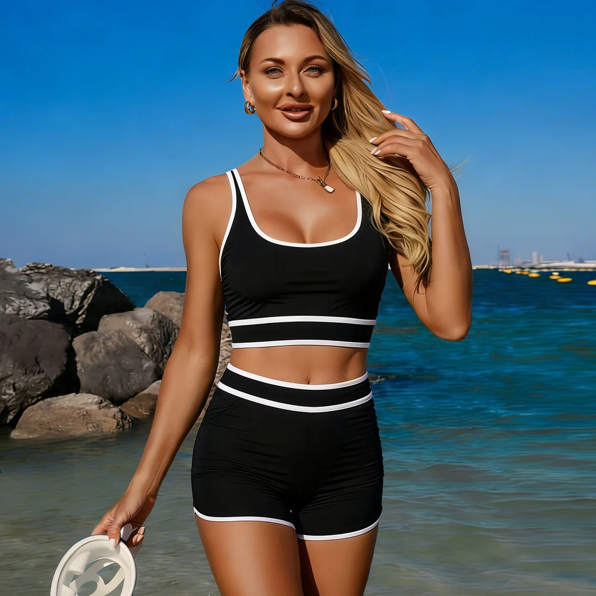 2026 New Split Swimsuit with Chest Cushion Women's Solid Color European and American Sexy Summer Sports Conservative Bikini