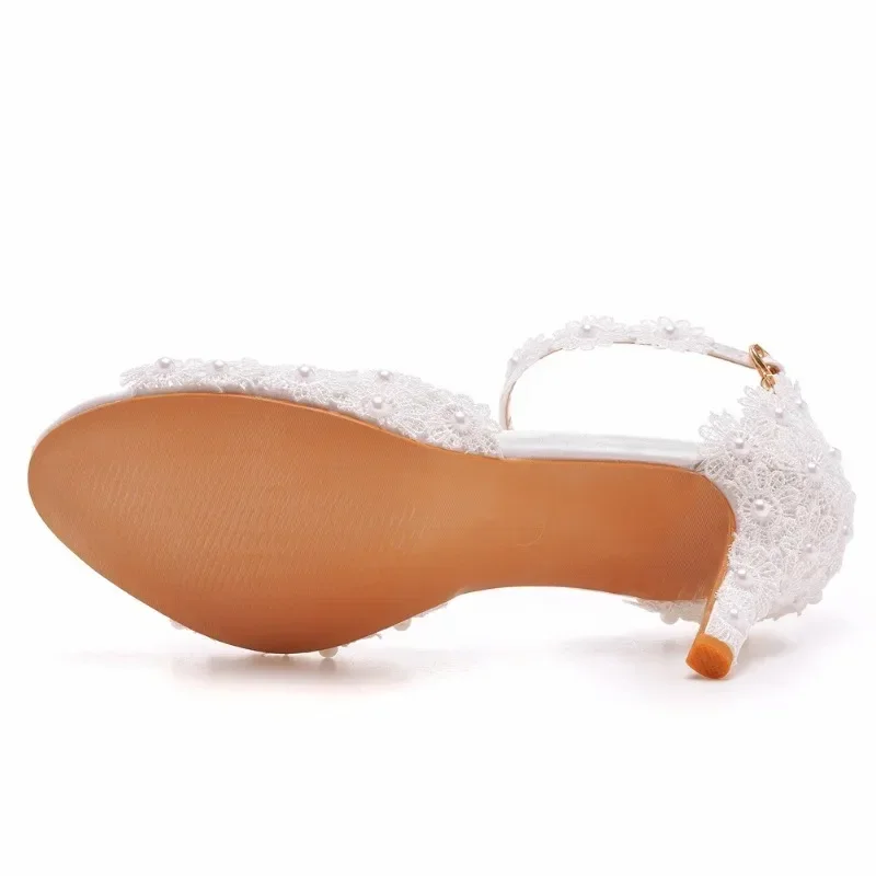 Women Sandals Height Increasing Pearl Lace Flower Decoration 7CM Thin Heels Buckle Strap Wedding Women\'s Shoe White Korean Style