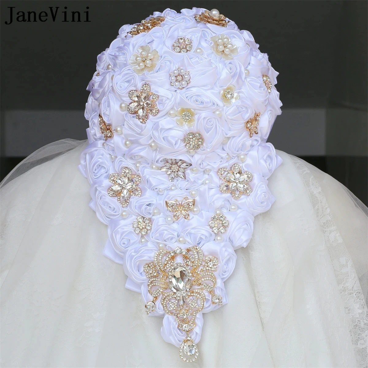 JaneVini 2024 Luxury White Crystal Rhinestone Wedding Bouquet Waterfall Pearl Cascading Bride Flower Bouquet Blumenstrauß Weiß