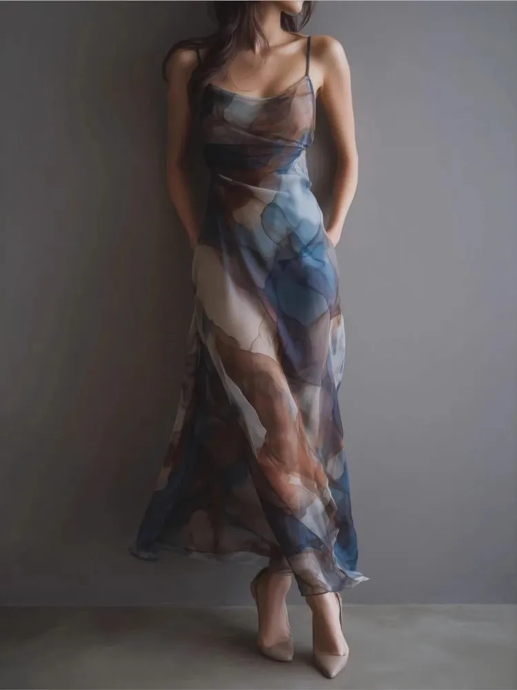 Nouvelle Robe Longue en Chiffon Imprimée Colorée pour Femme – Élégante et Tendance, Idéale pour les Fêtes Estivales et Tenues Décontractées – Robe Femme