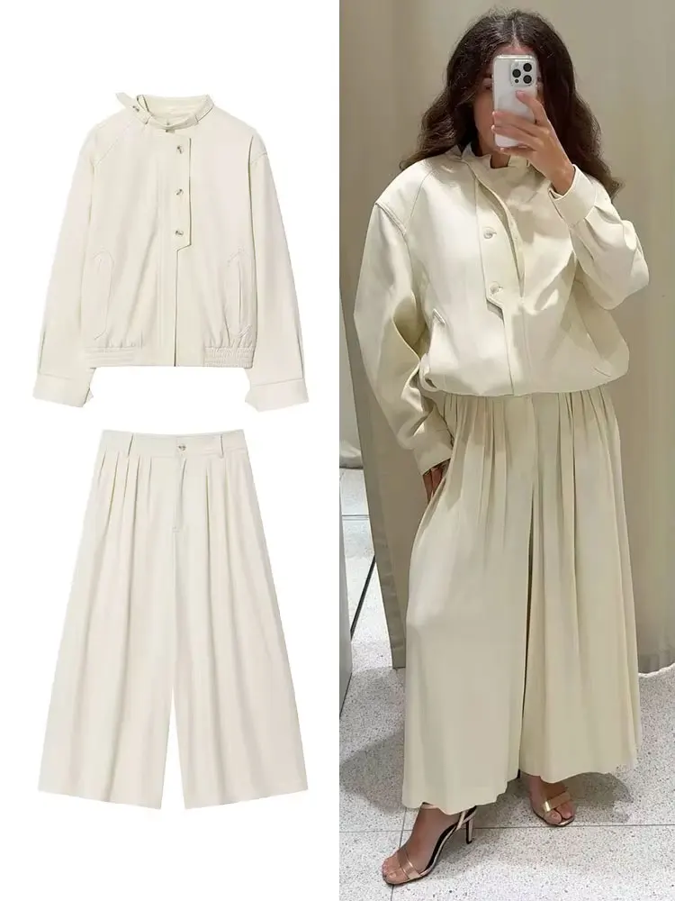 

HH Autumn Casual Solid Suit For Women Long Sleeves High Neck Single-breasted Jacket+Pleated Wide-leg Pants New Fashion Set