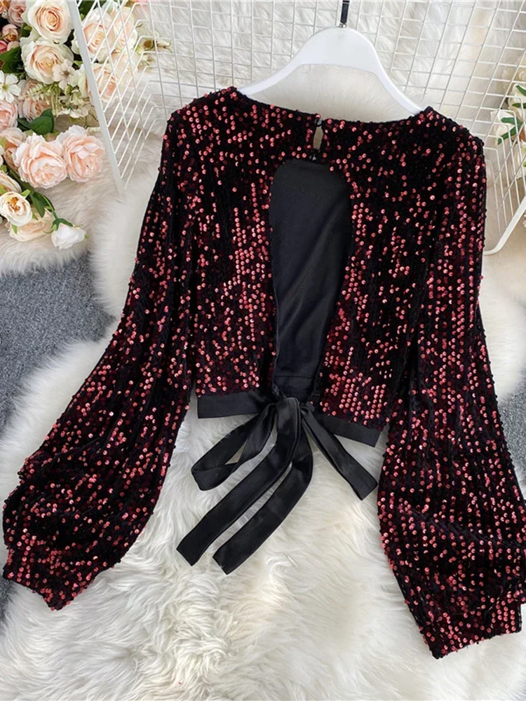 litmage Women Spring  Blouse New Sequins O-Neck T Shirts Long-sleeved Open Back Lace-up Bow Short Tops Female Blusa Tee GX1082