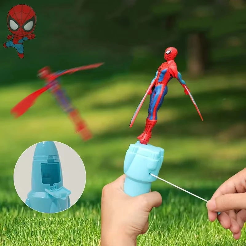 Spiderman Figure Bamboo Dragonfly Iron Man Captain America Flying Toy Pulling String Rotational Emission Flyer Toys BirthdayGift