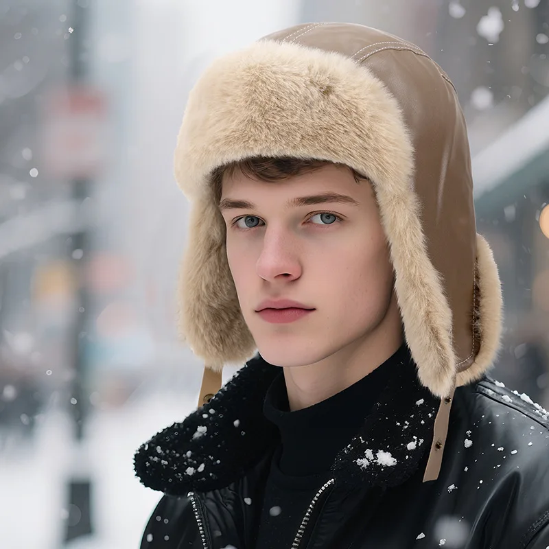 Men Winter Warm PU Leather Trapper Hats Faux Fur Ear Flap Hat Windproof Cold Resistant Ushanka Hat Outdoor Ski Snow Warm Caps
