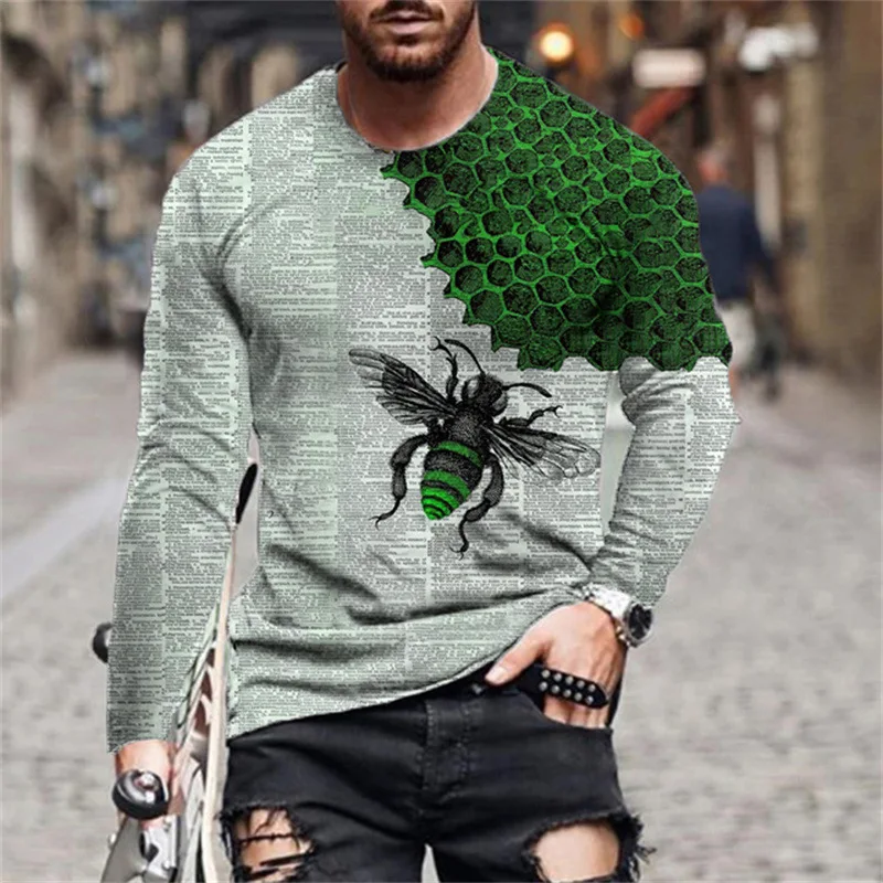 Men's Bee Honeycomb Graphic 3D Printed T-shirts Full Body Newspaper Printing Tees Autumn Casual Long Sleeve Tops Street Pullover