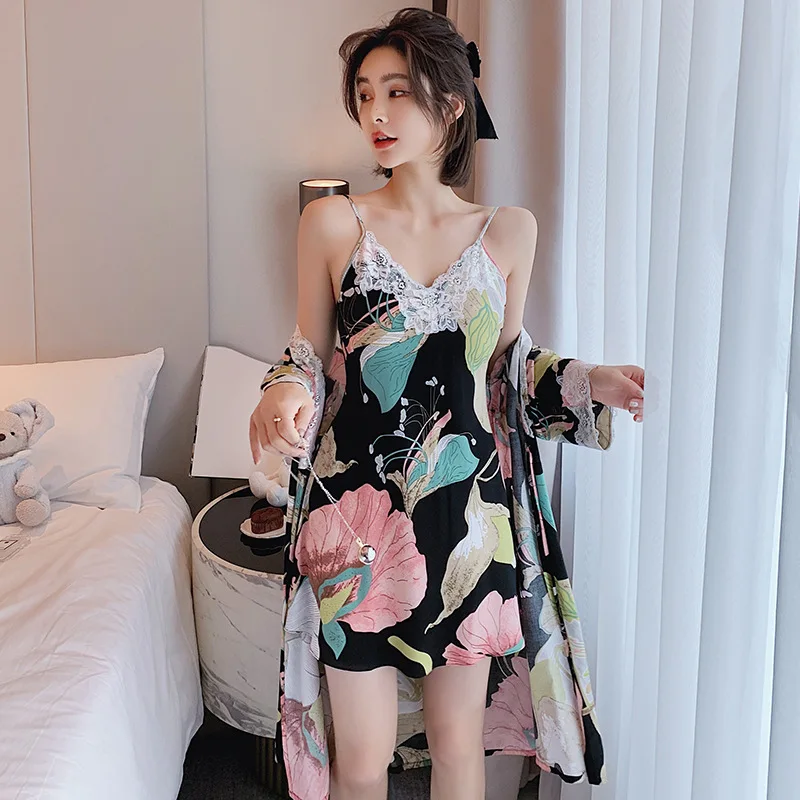 New Women's Pajamas Spring/summer Cotton Silk Sexy Plant Print Large Hanging Hawaiian Style Bathrobe Female Sexy V-neck Suit