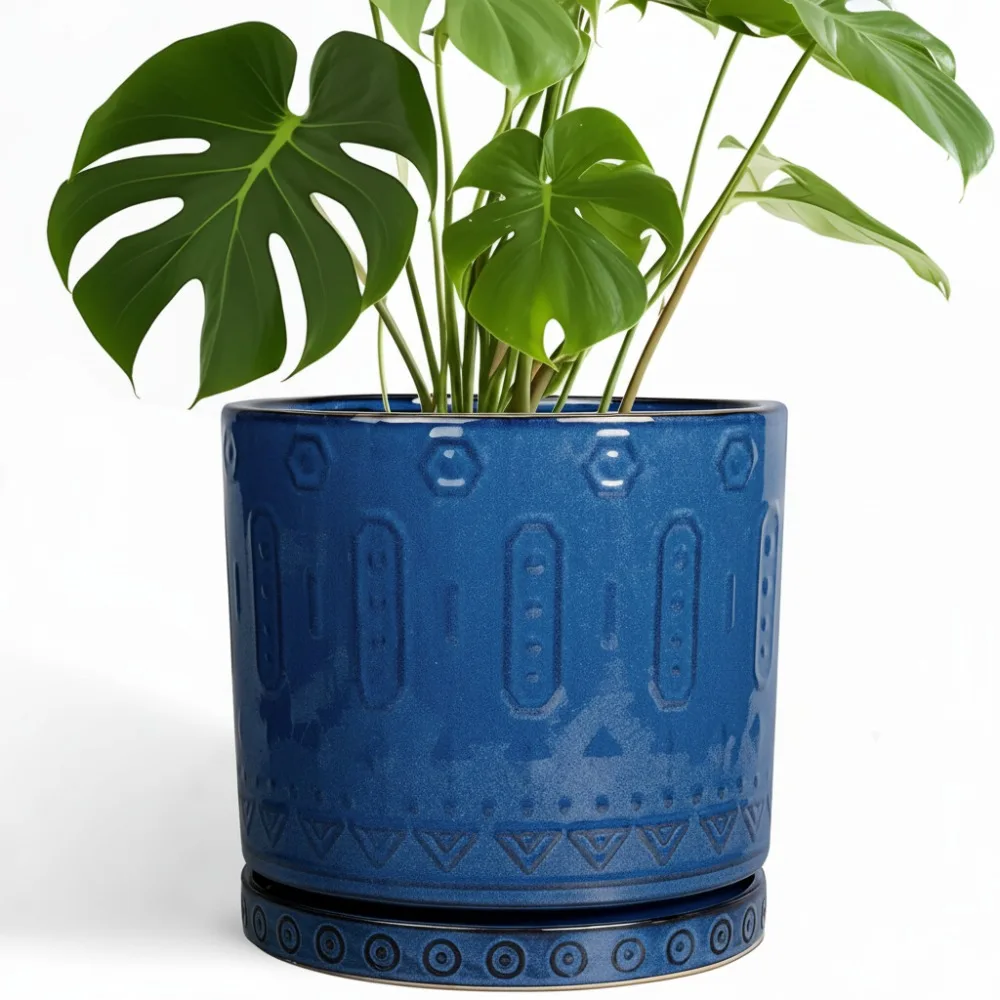 

10 Inch Blue Ceramic Planter with Drainage Holes - Indoor Outdoor Flower Pot for Garden Patio Decor
