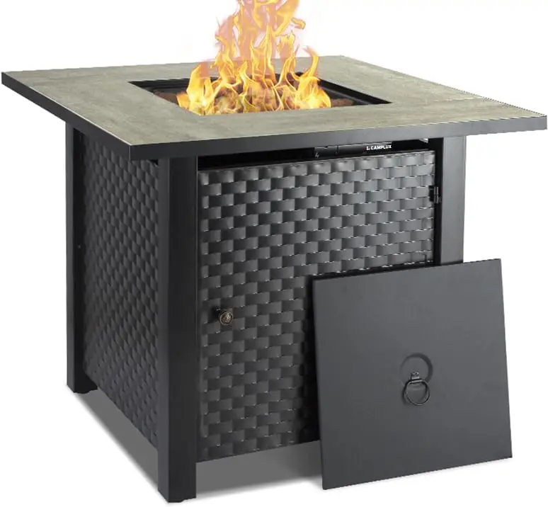 30 Inch Outdoor Gas Fire Pit with Lid, Lava Rocks, Ceramic Tabletop 50,000 BTU Adjustable Flame Auto Ignition, Square Fire Table