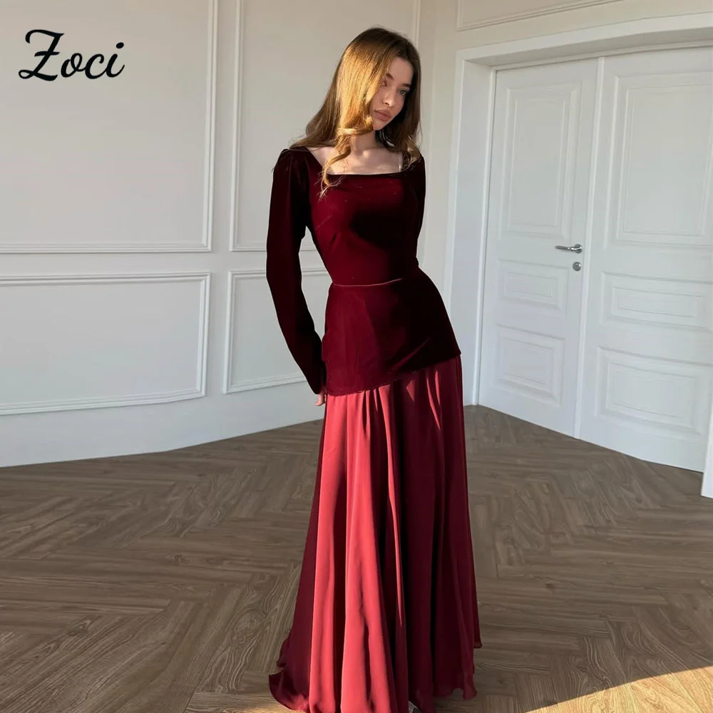 

Zoci Elegant Square Neck Prom Dresses Customized Long Sleeves Satin Chiffon Saudi Arabic Dubai Evening Dress vestidos de festa