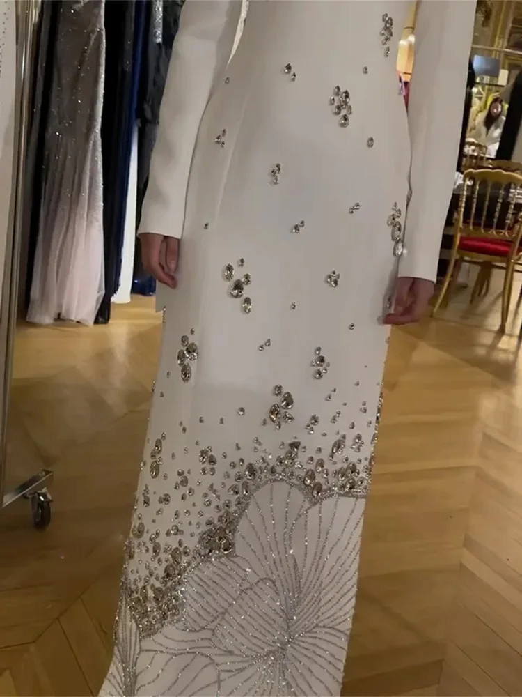 Vestido de fiesta de cumpleaños de sirena blanca de lujo, cuello alto, mangas largas, Bedas de cristal, vestidos formales de satén para fiesta y desfile, vestidos de noche