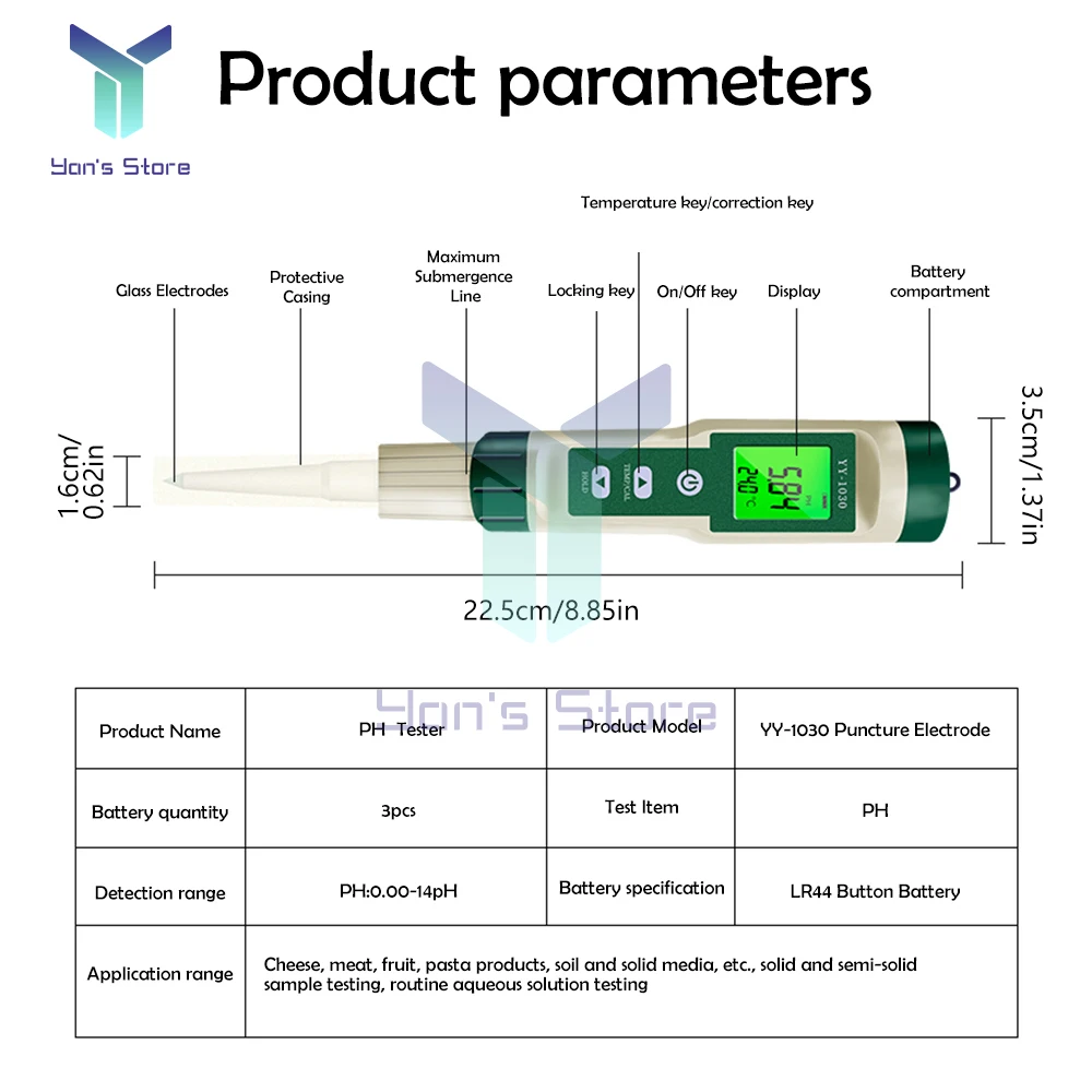 YY-1030 Food PH Meter Thermometer Electrode PH Measuring Instrumen for Aquarium Water Quality Tester Food Meat Cheese Milk Soil