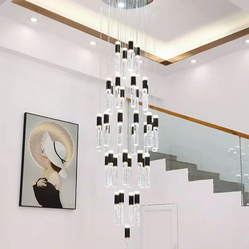 Multi-column Black Gold Light Luxury Duplex Large Chandelier Crystal Rotating Loft Villa Rotating High Staircase Long Chandelier