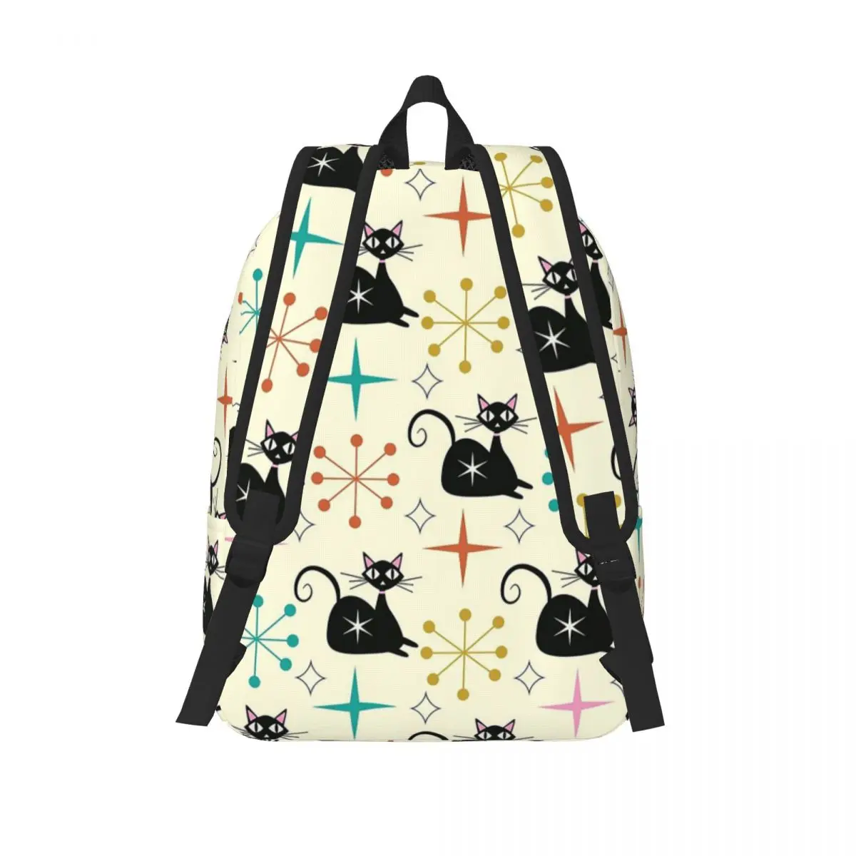 Mid Century Black Atomic Cat With Starbursts Student Backpack School Bag Hiking Travel Daypack Fashion Bookbag Shoulder Bags