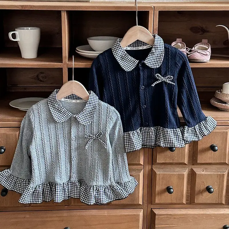 Autumn New Princess Girls Lace Sweater Fake Two-piece Sweet Doll Collar Baby Kids Knitted Shirts Tops for Children's Clothing
