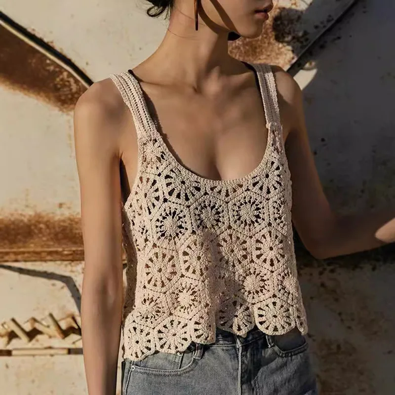 Top Corto Vintage da Donna all'Uncinetto, Stile Boho, con Motivo Floreale Traforato, Canotta Estiva da Spiaggia Senza Maniche