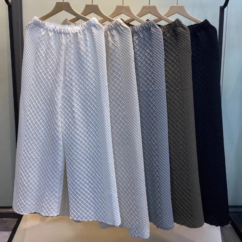 

Miyake Pleated Women's Pants Waffle Embroidery 2026 New Simple Loose Commuter Office Stretch Waist Large Size Straight Pants