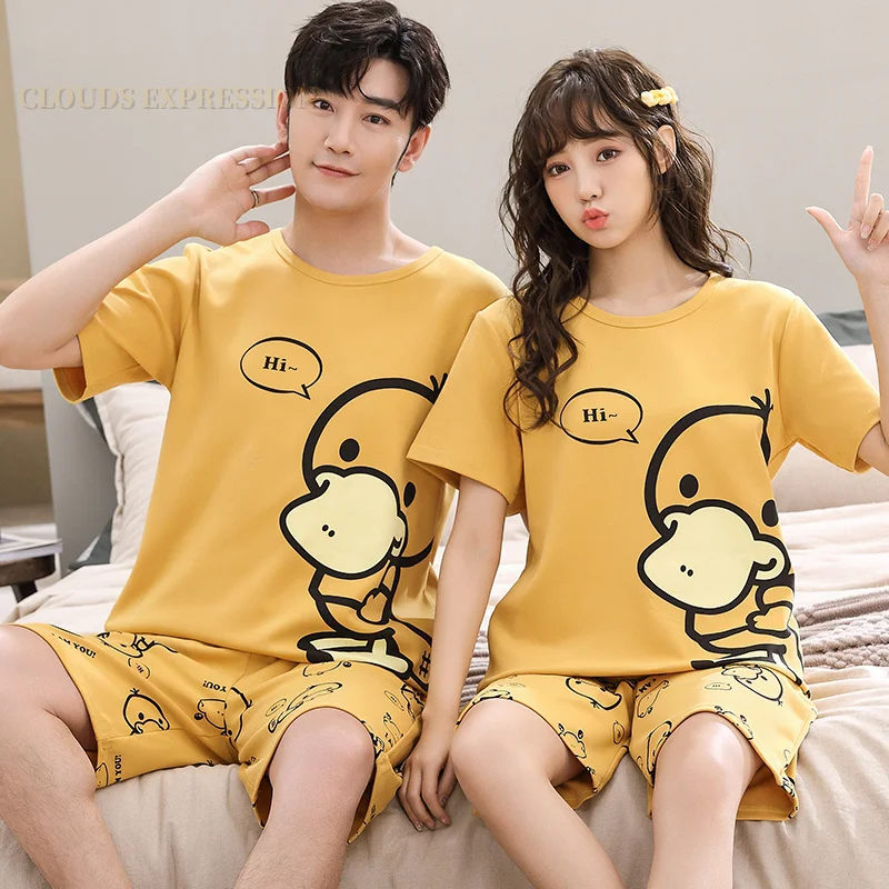 Summer Short Sleeved Sleepwear Casual Couple Pajama Sets For Women Men Cotton Cartoon Pajamas Pijama Pyjama Size 4XL Nightwear