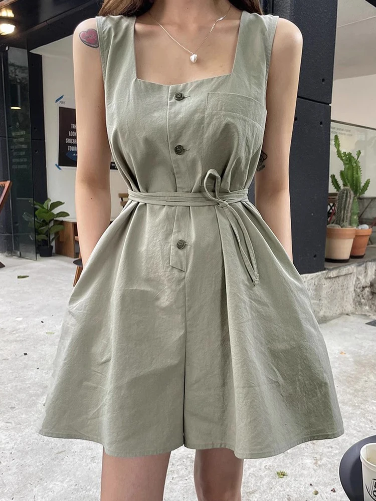 

Slimming Effect Vintage Summer Chic Square Collar Single Button Waist Cinched Overall Pants High Waist Wide Leg ort orts ...