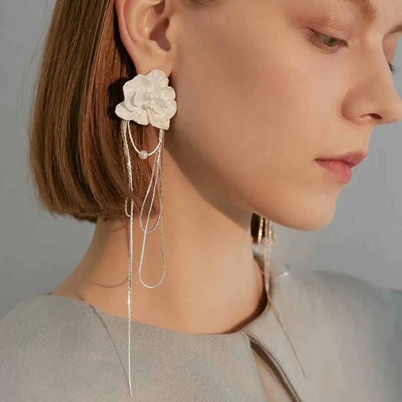 

Long Tassel Earrings with Lily of the Valley & Phalaenopsis Flowers - Niche Ins - Style, 925 Sterling Silver M232