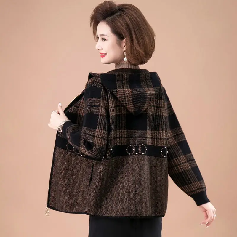 Middle Aged Mother Imitation Mink Velvet Plaid Coat Winter Thick Hooded Knitted Sweater Women Large Size Zipper Cardigan Jacket